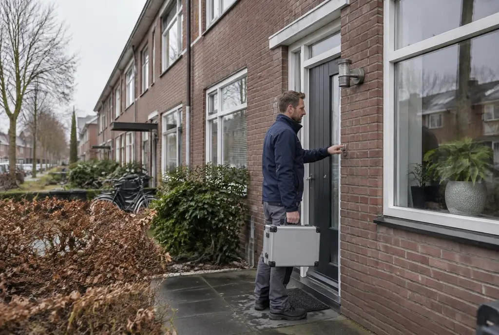 Lekdetectiespecialist met meetkoffer bij de voordeur van een woning in Putten